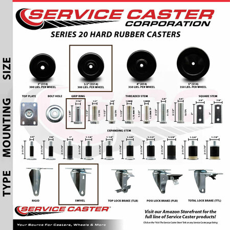 Service Caster 3.5 Hard Rubber Wheel Swivel 7/16'' Grip Ring Stem Caster Set, 4PK SCC-GR20S3514-HRS-716138-4